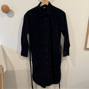 Uniqlo Women’s Corduroy Button Down Fitted Shirt Dress Navy Waist Belt Size S